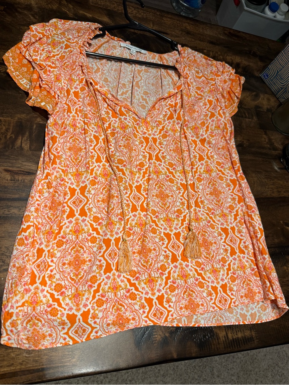 Rose & Olive Orange Printed Tie-Front Tunic Top